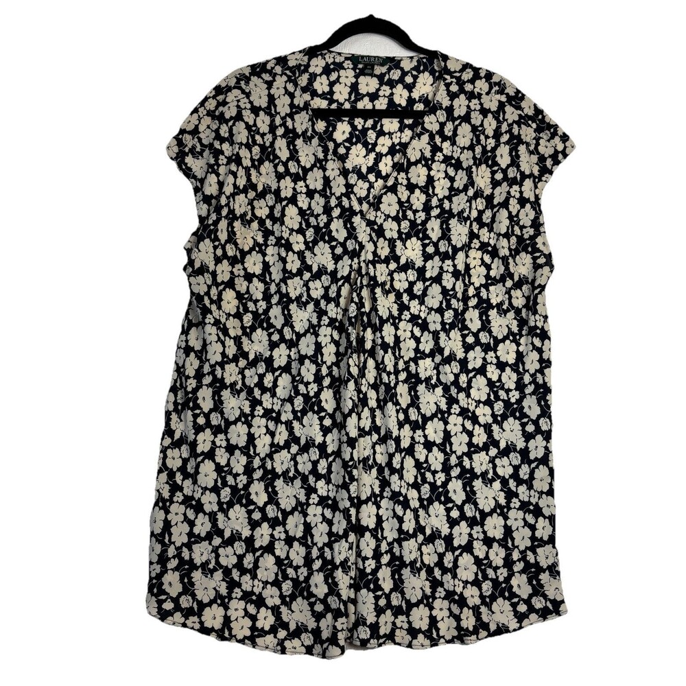 LAUREN Ralph Lauren Womens Size 2X  Black White Floral Blouse Top Shirt Slits